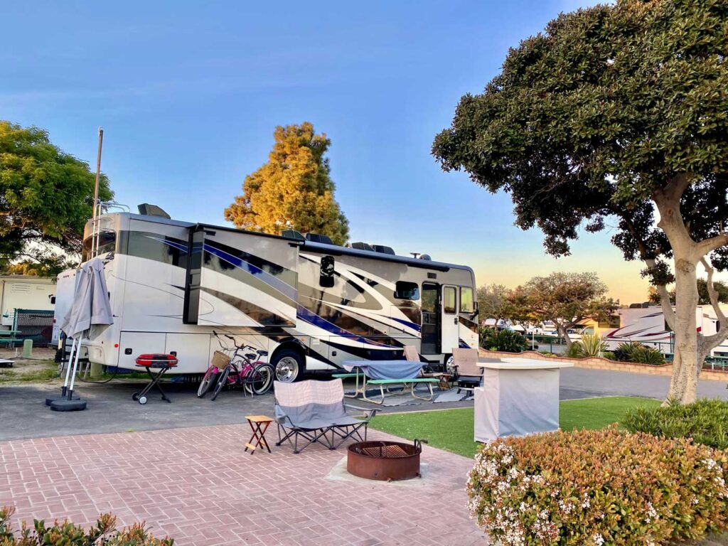 A motorhome parked in an RV resort