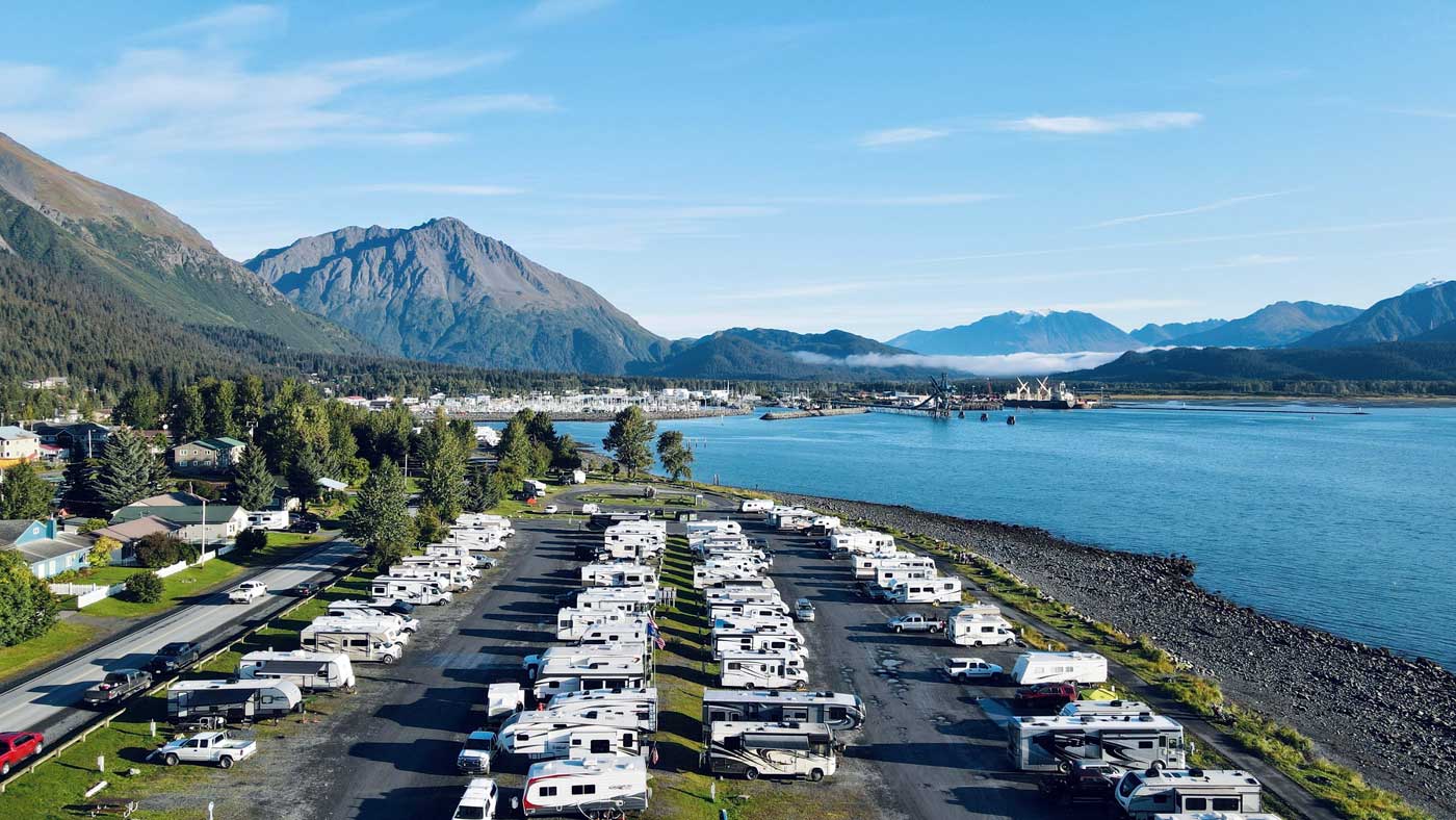 An RV park on the shores of a lake